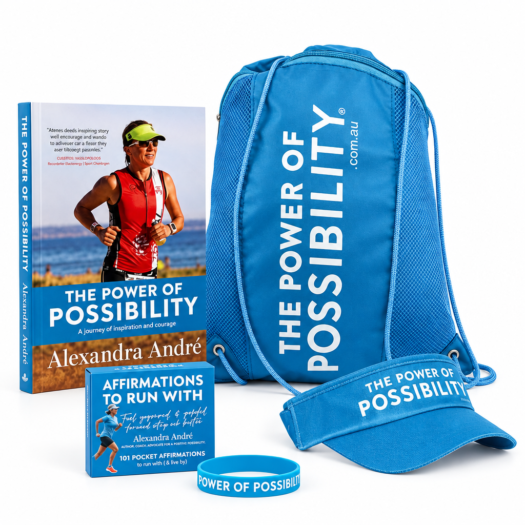 Race Day Pack with sports visor, book, affirmations, gear bag and wristband